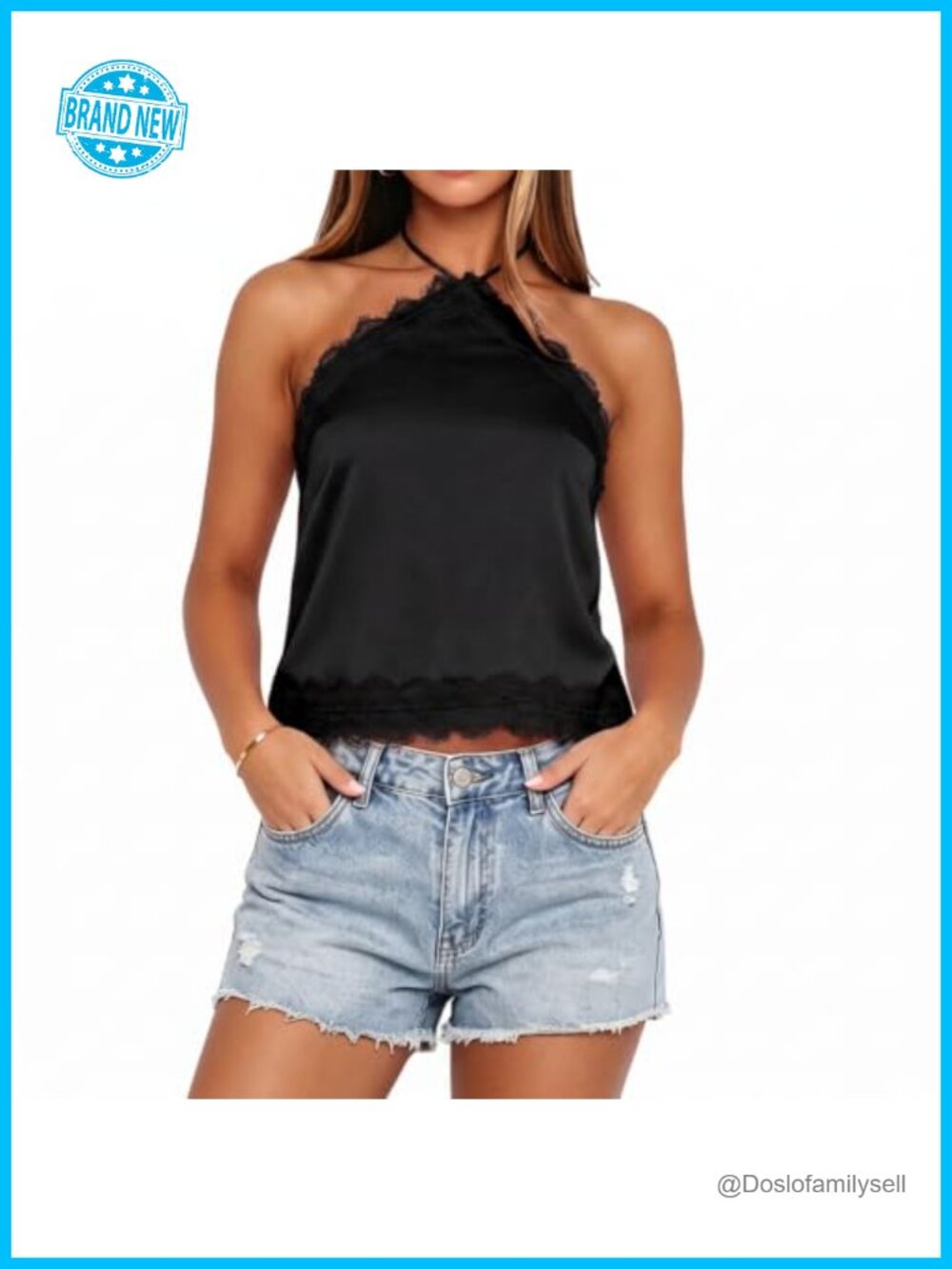 Satin Halter Camisole Lace Trim Open Back Tank Top